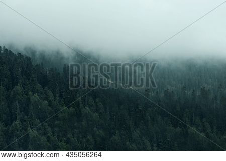 Majestic View On Beautiful Fog Mountains In Mist Landscape. Dramatic Unusual Scene. Travel Backgroun