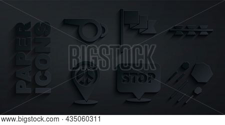 Set Protest, Barbed Wire, Location Peace, Flying Stone, Marker And Whistle Icon. Vector