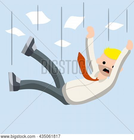 Falling Down Man In Shirt And Tie. Office Problem. Employee Dismissal. Money And Crisis. Scared Guy.