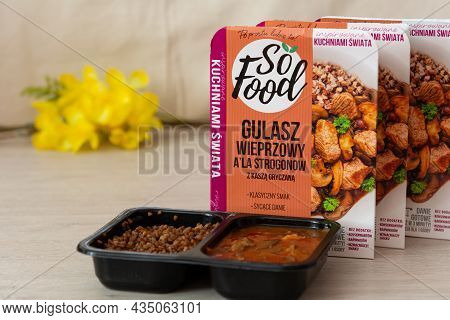 Odessa, Ukraine - September 10, 2021 Instant Porridge, Beef Stroganoff From So Food Trademark
