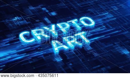 Crypto art concept. NFT - Crypto art nonfungible tokens on blue technology background. 3d rendering