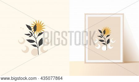 Abstract Bohemian Composition In Light Pastel Colors. Mystical Branch, Sun And Phases Of The Lunar C