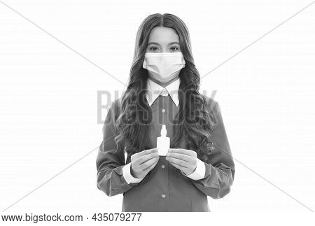 Girl In Mask Hold Nasal Drops. Child Presenting Nasal Spray. Runny Nose Coronavirus Symptom. Flu Sar