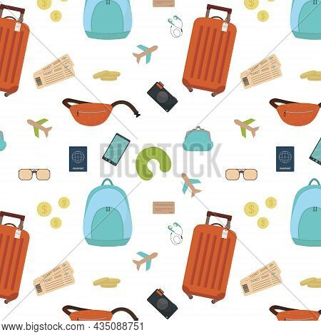 Pattern Of Tourist Luggage And Accessories. Summer Exotic Background Of Digital Paper. Vector Cartoo