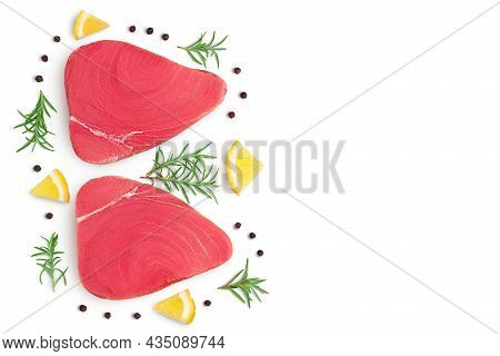 Fresh Tuna Fish Fillet Steak Isolated On White Background With Clipping Path. Top View With Copy Spa