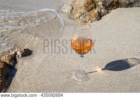 Summer Time In Provence, Two Glasses Of Cold Rose Wine On Sandy Beach Near Saint-tropez, Var Departm