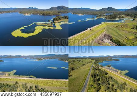 Photo Montage Of Four Spectacular Images Of Water Catchment Area And Wall Of Teemburra Dam, Mackay, 