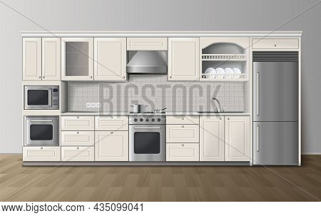 Modern Luxury Kitchen White Cabinets With Built-in Cooker And Refrigerator Realistic Side View Image