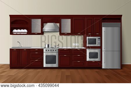 Modern Luxury Kitchen Dark Brown Cabinets With Built-in Microwave Oven Realistic Side View Image Vec