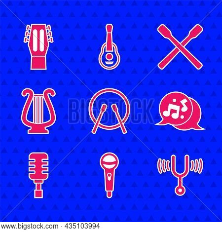 Set Drum And Drum Sticks, Microphone, Musical Tuning Fork, Note, Tone, Ancient Lyre, And Guitar Icon