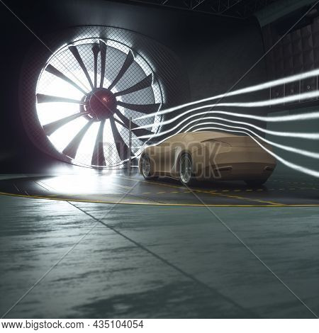 3d Illustration Of Imaginary Sports Car. Conceptual Prototype Inside Aerodynamic Tunnel.