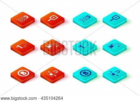 Set Scrambled Eggs, Kitchen Apron, Oven Glove, Water Tap, Frying Pan And Grater Icon. Vector