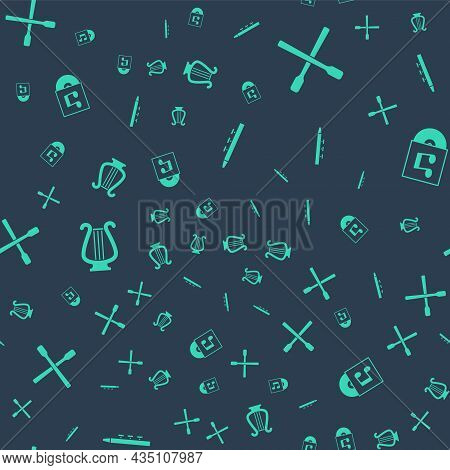 Set Drum And Drum Sticks, , Ancient Lyre And Vinyl Disk On Seamless Pattern. Vector