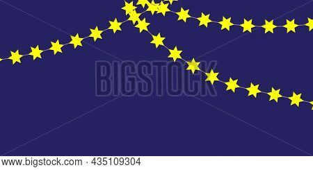Garland From Yellow Stars On Blue Background. Holiday Decoration. Bright Wallpaper. Vector Illustrat