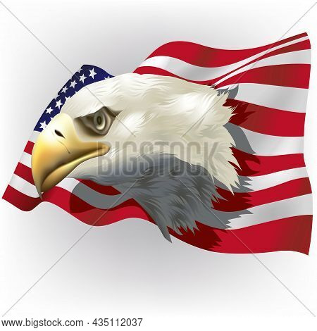 Background With Bald Eagle Head Over A Wavy American Flag - Colored Illustration On Light-gray Backg