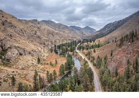 Poudre River Canyon and highway 14 - aerial view of early fall scenery