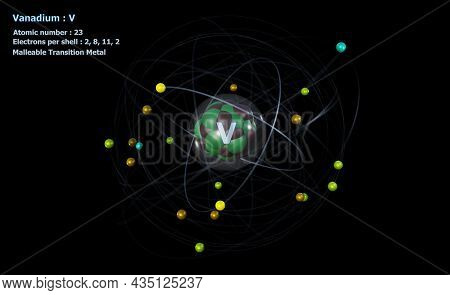 3d Illustration Of Atom Of Vanadium With Core And 23 Electrons With A Black Background