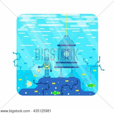 Diver Holding A Lantern Near Diving Bell - Vector Cartoon Illustration In Flat Stile
