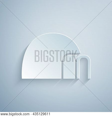 Paper Cut Igloo Ice House Icon Isolated On Grey Background. Snow Home, Eskimo Dome-shaped Hut Winter