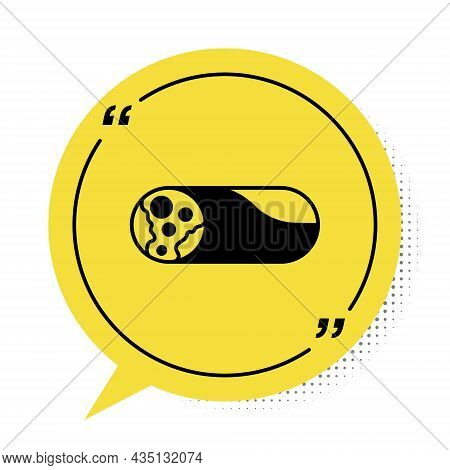 Black Burrito Icon Isolated On White Background. Traditional Mexican Fast Food. Yellow Speech Bubble