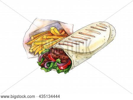 Shawarma With Fries. Watercolor Illustration. Watercolor Hand Drawn Illustration, Isolated On White 
