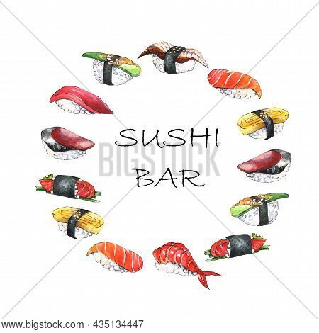 Watercolor  Set Sushi On White Background. Hand Drawn Illustration
