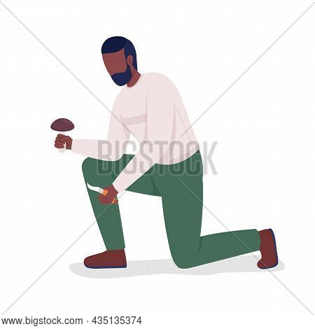 Man Picks Mushrooms Semi Flat Color Vector Character. Posing Figure. Full Body Person On White. Autu