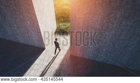 Businessman walking to open big gate to a new better green world. Concept of hope, bright future. 3D illustration