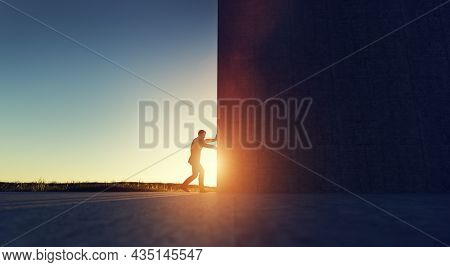 Man pushing big wall to reveal new better green world. Concept of hope, positive change, bright future. 3D illustration