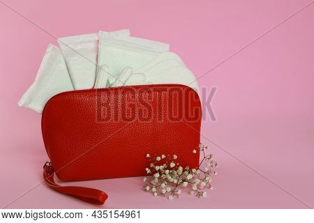 Menstrual Pads, Pantyliners And Tampons In Bag Near Flowers On Pink Background