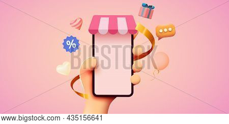 Hand Holding Mobile Smart Phone With Shopp App. Online Shopping Concept.