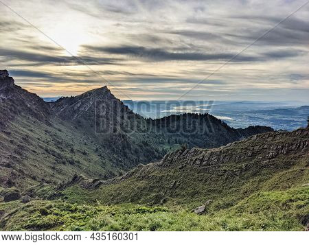 View From The Speer Mountain Peak In The Toggenburch Towards Federispitz And The Glarus Alps. Lake Z