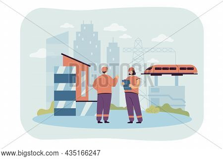 Cartoon Engineers Working On Railway Construction. Building Railroad, Industrial Management Flat Vec