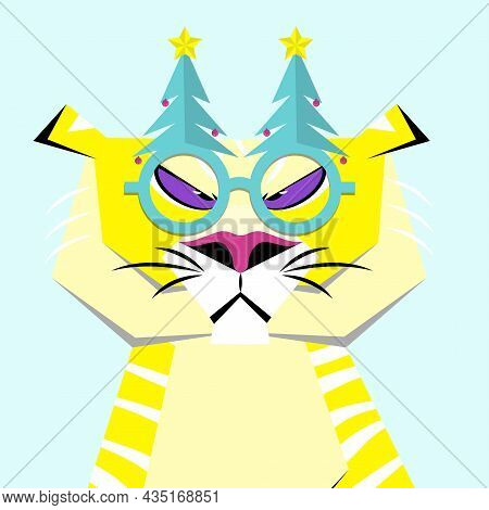 Roaring Tiger With Glasses In Form Of Tree. Symbol Of 2022. Flat Vector Illustration.