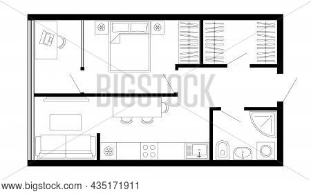 Floor Plan Of Apartment. Vector Architecture Studio Plan Of Condominium, Flat, House. Interior Desig