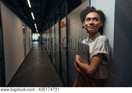 Female Person Holding Laptop And Having Break
