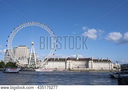 London - Aug 22,2021: The London Eye, Tourist Attraction In London City, Fair Spining Huge Wheel Con