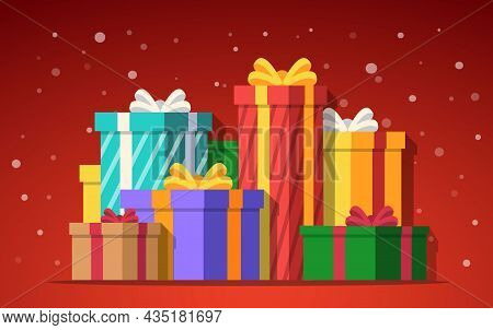 Pile Gifts Boxes Isolated On Red Background. Christmas Gift Box. Christmas Banner. Vector Stock
