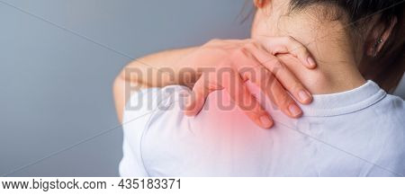 Woman With Her Shoulder Sprain, Muscle Painful During Overwork. Girl Having Body Problem After Wake 