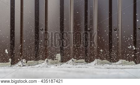 Corrugated Metal Sheet Texture Background. Texture Of Brown Metal Profiled Sheet Fence Decking. Faci