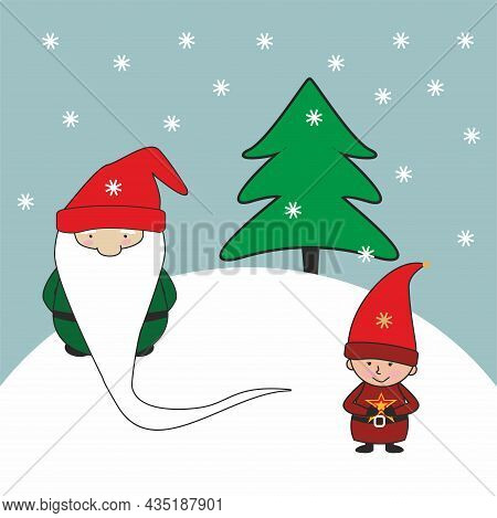 Big And Small Gnome. Santa's Helpers. Leprechaun With A Christmas Tree. Blue Background With Snowfla