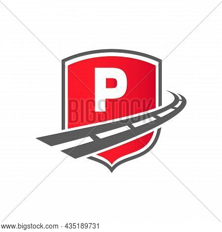 Transport Logo With Shield Concept On Letter P Concept. P Letter Transportation Road Logo Design Fre