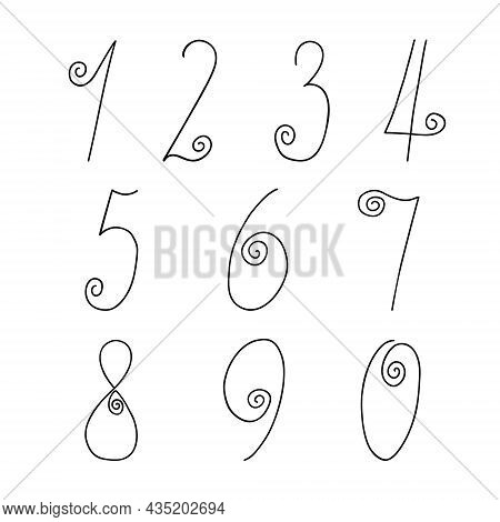 Small Hand Drawn Black Numbers From One To Zero In Doodle Style Outline Vector Illustration, Calligr