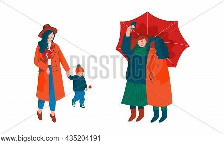 People Character Walking Along The Street In Spring Season Taking Selfie Under Umbrella And Holding 