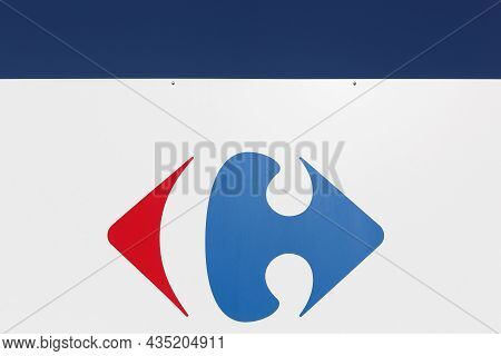 Macon, France - March 15, 2020: Carrefour Sign On A Panel. Carrefour Is A French Multinational Retai