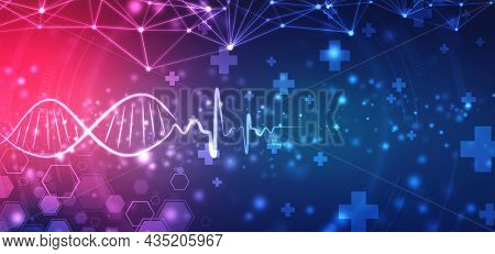 Ecg Line With Digital Dna Illustration, Ekg Heart Beat Line Monitor. Health Care And Medical Abstrac