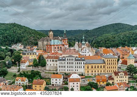 Panoramic View Of Famous Medieval Town Of Loket,elbogen, With Colorful Houses And Stone Castle Above