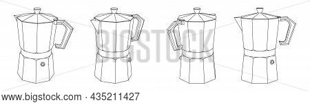 Vector Outline Illustration Of Moka Pot Coffee Maker Different Perspective Views