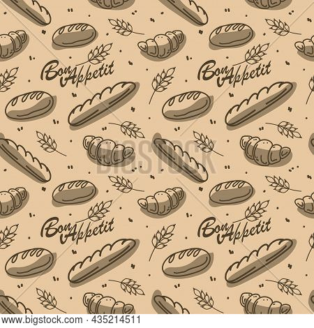 Seamless Pattern Of Elements On A Brown Background. Bakery Products With The Inscription Bon Appetit