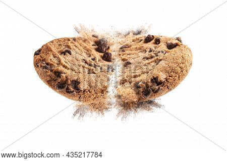 Falling Broken Chocolate Chip Cookies Isolated On White Background. Concept Creative Sweet Food